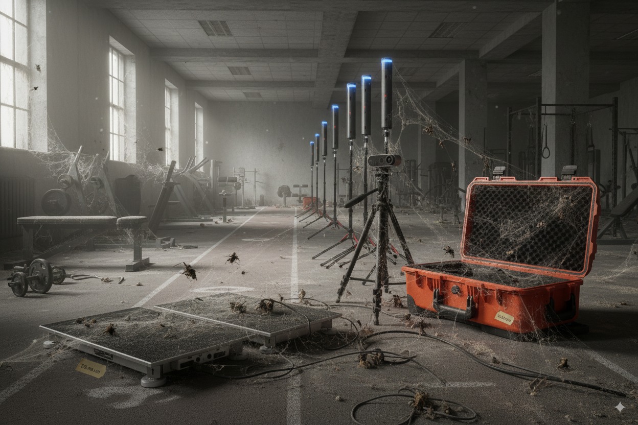 Gym testing equipment abandoned under dust and cobwebs